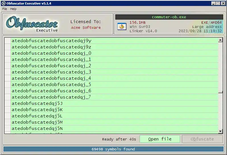 Analysis of protected endpoint.exe shows concealed plaintext post-obfuscation.